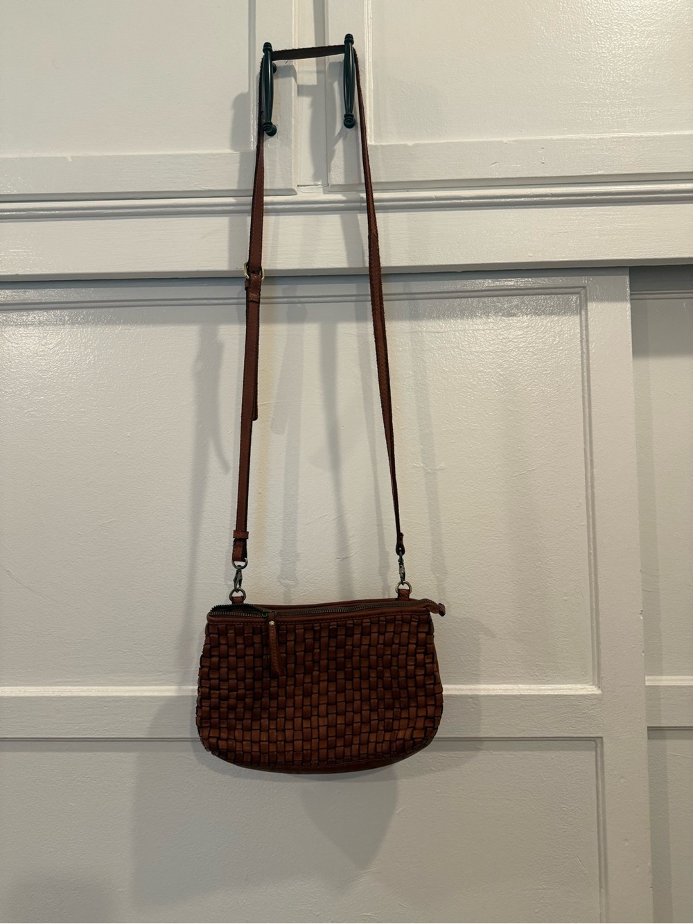 Woven Leather Crossbody Bag in Brown - Adjustable Strap